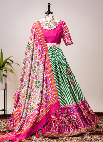 Chinon Green Leheriya Patola Printed Designer Lehenga Choli